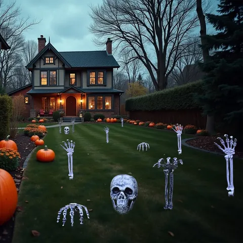 Halloween Décoration de Jardin Extérieur Piquets de Squelette Crâne Réaliste et Bras en Os Piquets pour Cour Pelouse Cimetière Accessoires de Fête Effrayants