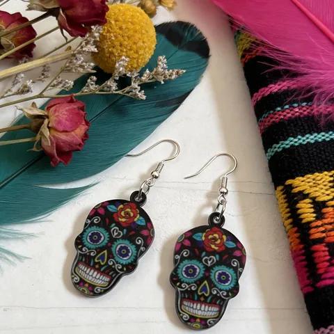 Halloween Zucker Totenkopf Acryl Ohrhänger Bunt Floral Bedruckt Edelstahl Ohrstecker-Stift Schmuck Für Damen Mädchen Geschenk