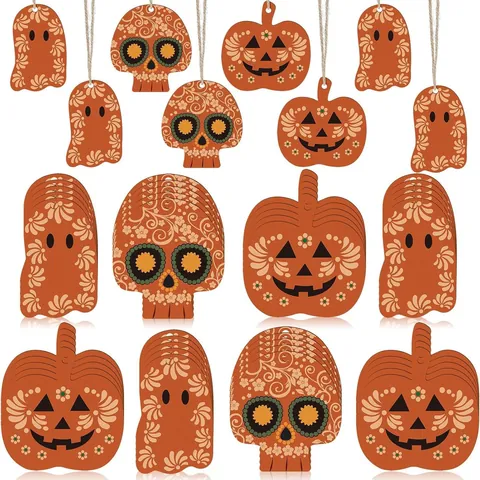 Halloween Jour des Morts Ornements Suspendus en Bois Crâne de Sucre Mexicain Citrouille Fantôme Couleur Terre Cuite
