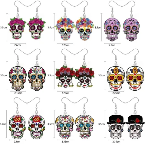 Boucles d'Oreilles Halloween Tête de Mort en Acrylique Multicolores Jour des Morts Boucles d'Oreilles Pendantes pour Femmes Filles Bijoux Cadeau