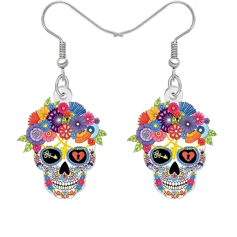 Boucles d'Oreilles Halloween Tête de Mort en Acrylique Multicolores Jour des Morts Boucles d'Oreilles Pendantes pour Femmes Filles Bijoux Cadeau