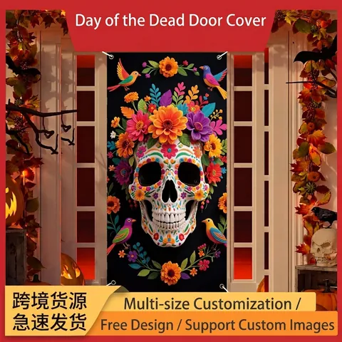 Cubierta De Puerta Mexicana Día De Los Muertos Calavera De Azúcar Cempasúchil Patrón Poliéster Pancarta Vertical Para Carnaval Halloween Fiesta Decoración