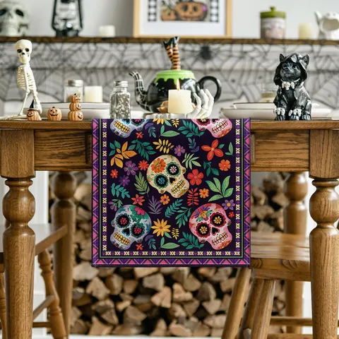 Mexikanischer Zuckerschädel Tischläufer Polyester Floral Tag der Toten Küche Esszimmer Party Bauernhaus Dekoration Couchtisch Decke