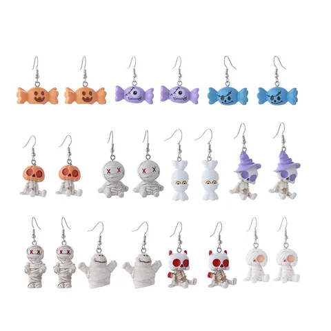 Boucles d'Oreilles Halloween Citrouille Squelette Momie pour Enfants Fête Décoration Drôle Résine Bonbon Bijoux Femme