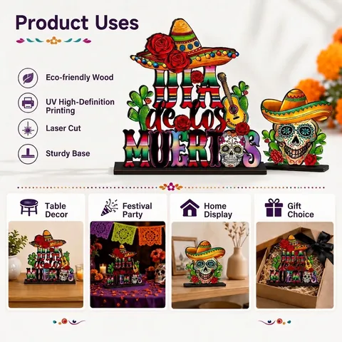 Mexikanischer Tag Der Toten 3D Mehrschichtiger Holz Tischschmuck Zuckerschädel Sombrero Dia De Los Muertos Party Deko