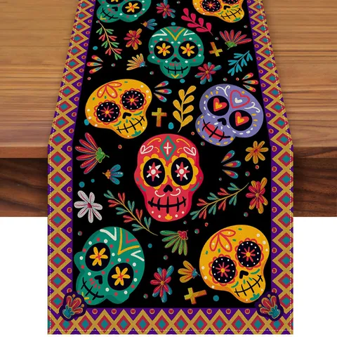 Dag Van De Doden Suikerschedel Tafelrunner Kleurrijke Bloemen Mexicaanse Volkskunst Tafeldecoratie Voor Keuken Dineren Feest Halloween