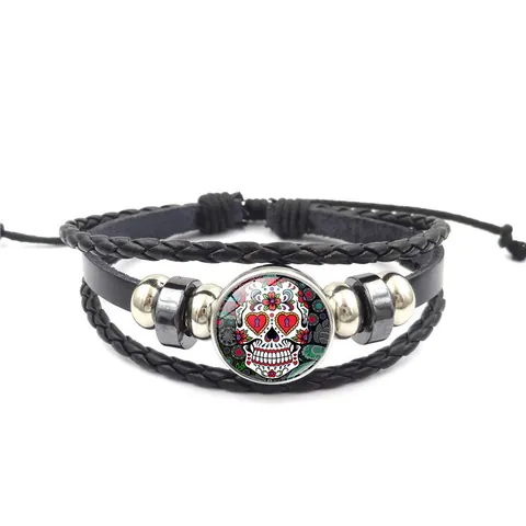 Vintage Mexicaanse Suiker Schedel Meerlaags Gevlochten Leren Armband Boheemse Legering Glas Cabochon Armband Vrouwen Sieraden