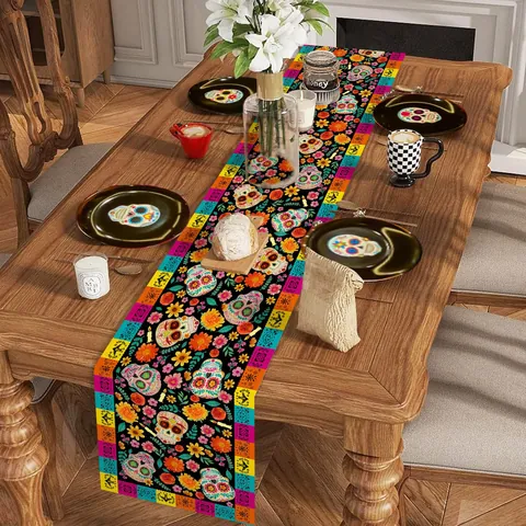 Mexicaanse Dag van de Doden Suikerschedel Goudsbloem Bloemen Tafelloper Polyester Retro Halloween Feest Eettafel Decoratie