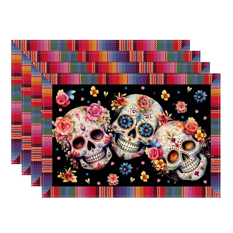 Dag Van De Doden Suikerschedel Linnen Placemat Set Mexicaans Festival Roos Bloemenprint Rechthoekige Keuken Eettafel Mat