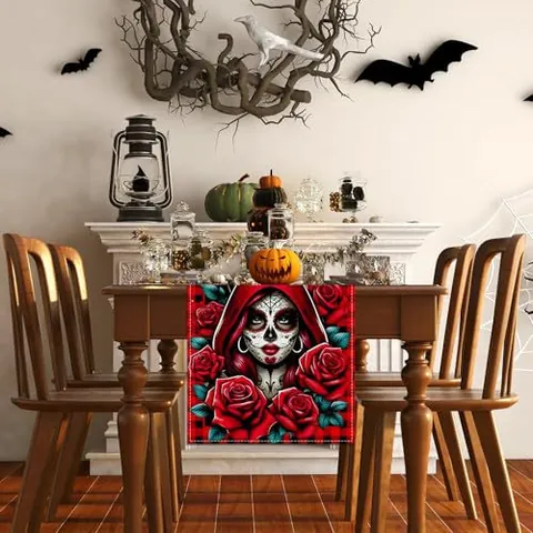 Runner Da Tavolo Giorno Dei Morti Teschio Di Zucchero Poliestere Rosa Rossa Messicano Halloween Decorazione Tavolo Da Pranzo