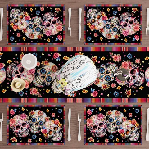 Dag Van De Doden Suikerschedel Linnen Placemat Set Mexicaans Festival Roos Bloemenprint Rechthoekige Keuken Eettafel Mat