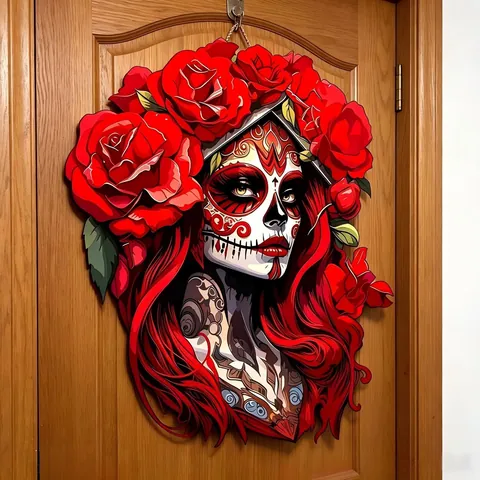 Halloween Houten Bord Dag van de Doden Suikerschedel Gezicht Hangende Decoratie Vintage Roos Bloem Deurhanger Hout Feestelijk Ornament