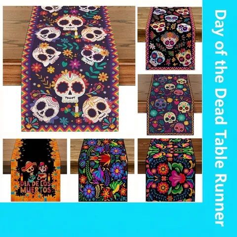 Camino de Mesa Mexicano Día de Los Muertos Calavera de Azúcar Estampado Floral Poliéster para Halloween Fiesta Cocina
