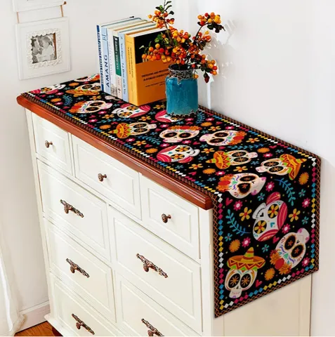 Mexikanischer Tag Der Toten Tischläufer Zuckerschädel Blumen Druck Tischdecke Für Halloween Party Küche Esszimmer Deko