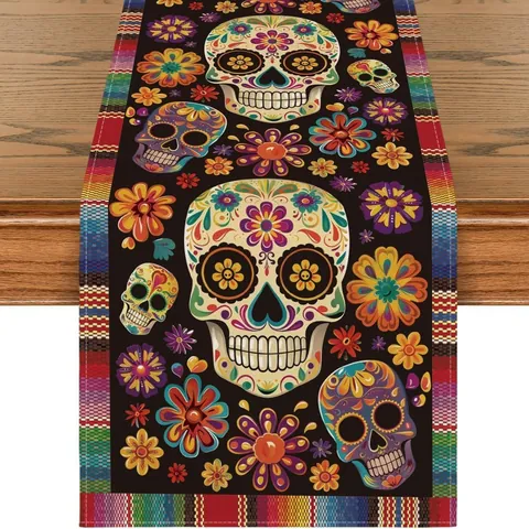 Runner da Tavolo Messicano Giorno Dei Morti in Lino Stampa Floreale Teschio di Zucchero Tovaglia Decorazione Halloween Soggiorno