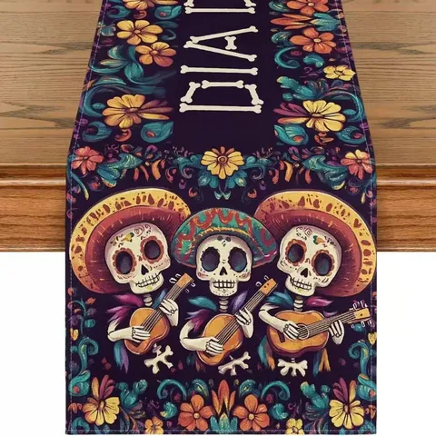Chemin de Table Mexicain Jour des Morts en Lin Motif Tête de Mort en Sucre et Fleurs Décoration de Table Halloween Salle à Manger