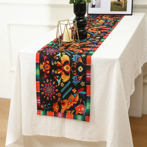 Camino de Mesa Estilo Mexicano Rayas de Serape de Colores Con Borlas Estampado Étnico para Fiesta Boda Día de los Muertos Hogar