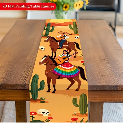 Camino De Mesa Mexicano Día De Los Muertos Lino Estampado Esqueleto Patrón Floral Decoración Mesa Comedor Fiesta Hogar