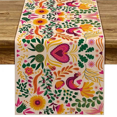 Runner da Tavolo Messicano Boho in Lino con Stampa Botanica Floreale Uccelli Messicano Serape Tavolo Decorazione per Fiesta Festa Sala da Pranzo