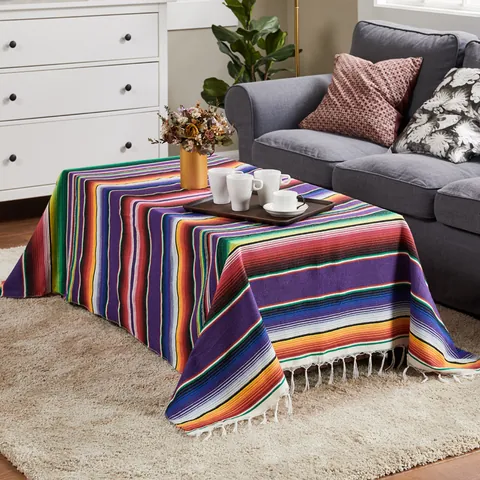 Mexican Style Woven Table Runner Striped Serape Blanket Colorful Party Tablecloth With Tassels Home Decor