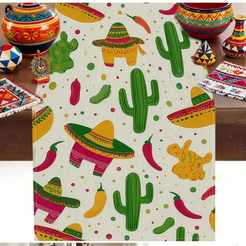 Camino de Mesa Estilo Mexicano Tela de Lino Patrón de Cactus y Flores Decoración de Mesa de Fiesta para Comedor Cocina Picnic al Aire Libre Celebración