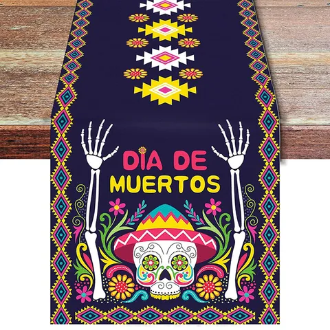Chemin de Table Mexicain Jour des Morts Tête de Mort en Sucre Lin Cuisine Salle à Manger Nappe de Fête Extérieure Décoration Festive