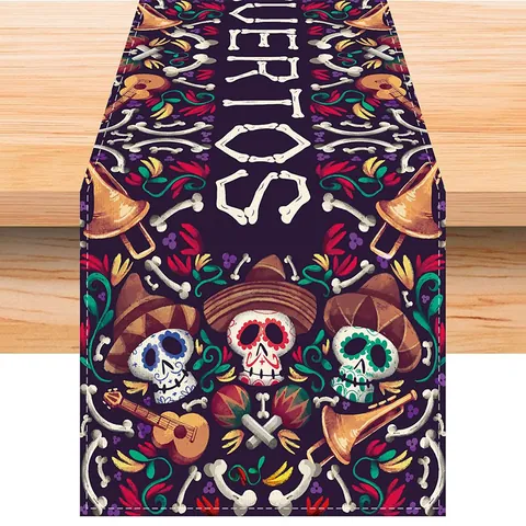 Chemin de Table Jour des Morts Crânes en Sucre Mexican Fiesta Dia De Los Muertos Halloween Violet Floral Polyester Décoration de Table Cuisine Salle à Manger Fête Ferme Chemin de Table à Café