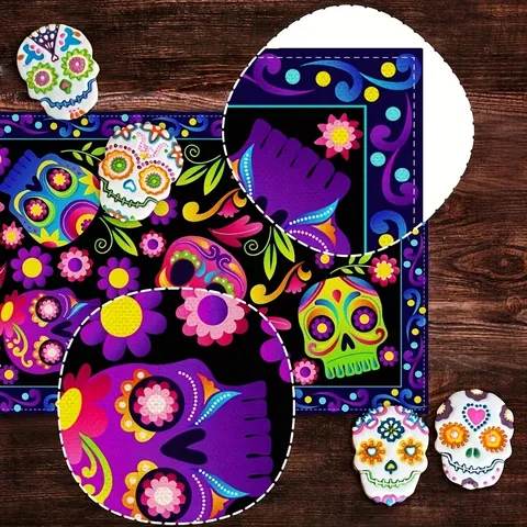 Chemin de Table Mexicain Crâne en Sucre Jour des Morts Halloween Cuisine Salle à Manger Décoration Lin Imprimé Floral