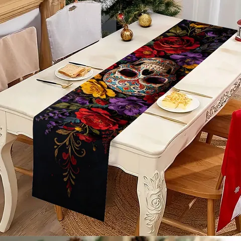 Chemin De Table Mexicain Jour Des Morts En Lin Tête De Mort Sucre Rose Imprimé Floral Décoration Table Pour Salle À Manger