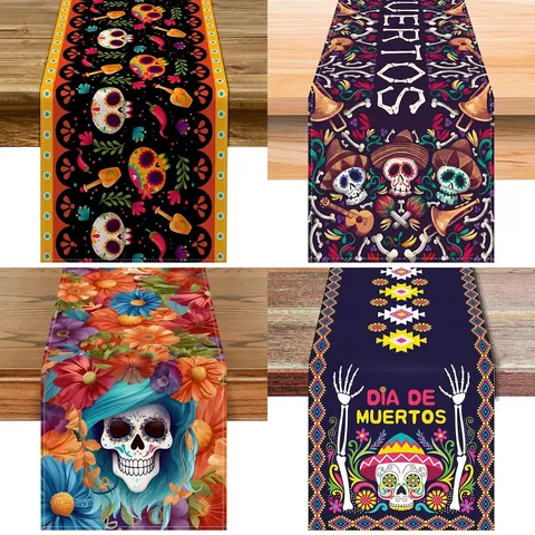 Chemin de Table Mexicain Jour des Morts Tête de Mort en Sucre Lin Cuisine Salle à Manger Nappe de Fête Extérieure Décoration Festive