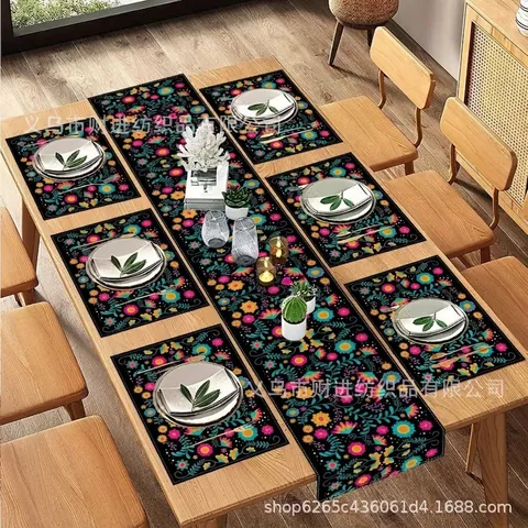 Set di Runner da Tavola e Tovagliette con Teschio e Fiori Messicani Tovaglia in Lino per Halloween Festa Banchetto