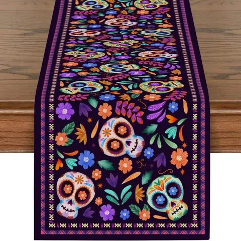 Mexican Day Of The Dead Table Runner Linen Mandala Flower Sugar Skull Ethnic Retro Kitchen Dining Room Table Decoration