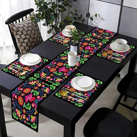 Set di Runner da Tavola e Tovagliette con Teschio e Fiori Messicani Tovaglia in Lino per Halloween Festa Banchetto