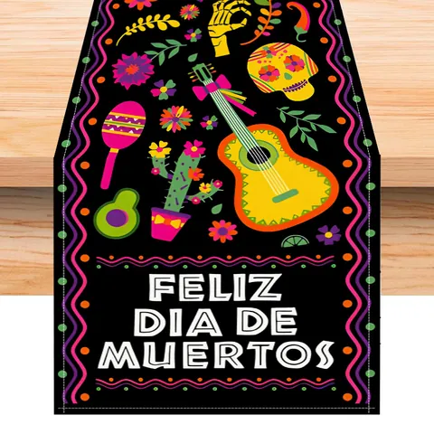 Mexicaanse Dag van de Doden Tafelloper Suikerschedel Patroon Ramie Stof Voor Keuken Eetkamer Feest Tafeldecoratie Feliz Dia De Muertos