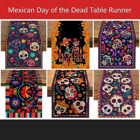 Camino de Mesa Mexicano Día de los Muertos Estampado Calavera de Azúcar Floral Poliéster para Fiesta de Halloween