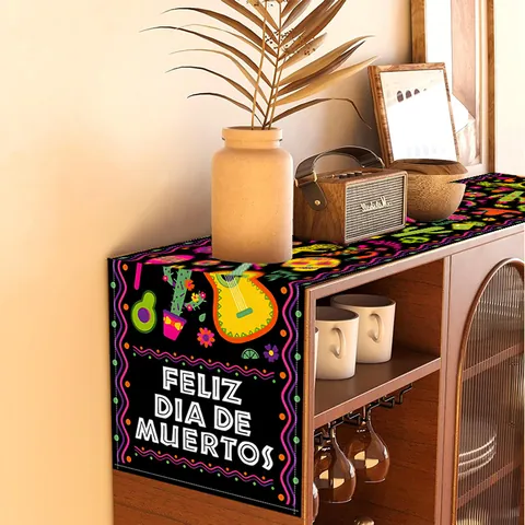 Mexicaanse Dag van de Doden Tafelloper Suikerschedel Patroon Ramie Stof Voor Keuken Eetkamer Feest Tafeldecoratie Feliz Dia De Muertos