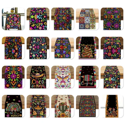 Chemin de Table Mexicain Jour des Morts Crâne de Sucre Imprimé Floral Oiseau Nappe en Lin Polyester pour Décoration de Fête
