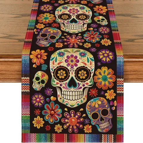Mexican Day Of The Dead Table Runner Linen Floral Sugar Skull Printed Tablecloth Halloween Decor Living Room Table Decor