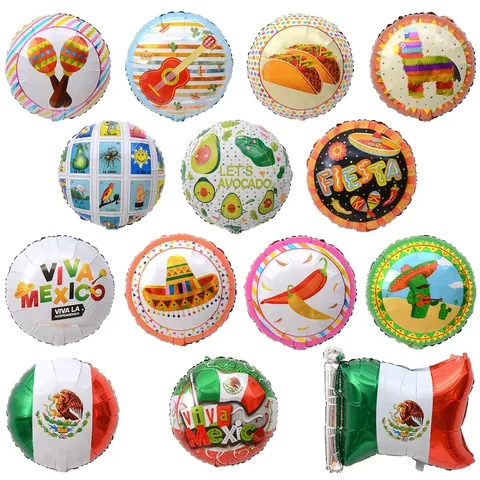 Ballons en Aluminium Thème Fiesta Mexicaine Drapeau Mexicain Avocat Taco Cactus Lama Design de Tarot 18 Pouces Ballons Métalliques Ronds pour Décoration de Fête de Carnaval