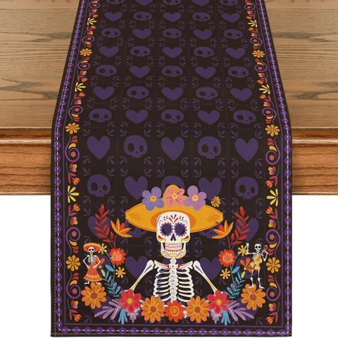 Linen Day Of The Dead Table Runner Mexican Sugar Skull Marigold Floral Printed Heat Resistant Table Decor For Dining Room