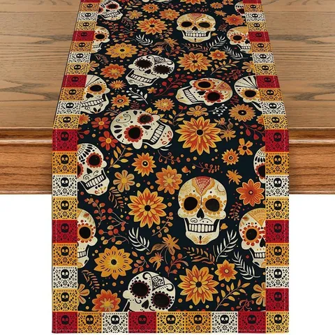 Mexican Day Of The Dead Table Runner Linen Floral Sugar Skull Print Tablecloth For Halloween Carnival Dining Room Decor
