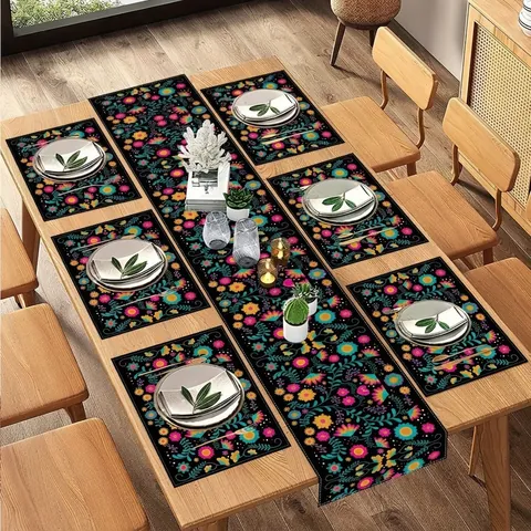 Juego de Camino de Mesa y Manteles Individuales de Calavera Floral Mexicana Mantel de Lino para Fiesta de Halloween