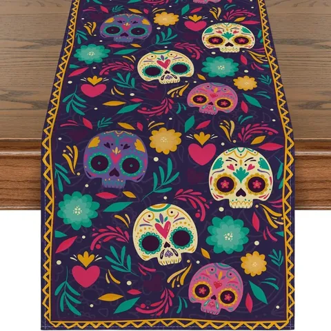 Day of the Dead Halloween Table Runner Mexican Party Decoration Sugar Skull Floral Linen Table Runner for Dining Table Decor