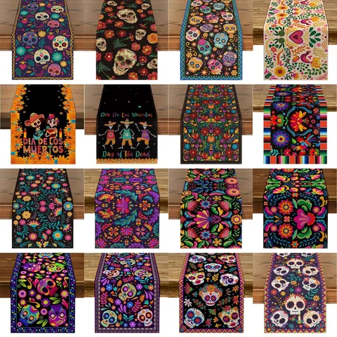 Camino de Mesa Mexicano Día de los Muertos Calavera de Azúcar Patrón Floral Poliéster Mantel para Halloween Decoración del Hogar