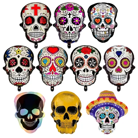 Dag Van De Doden Schedel Folieballonnen Suikerschedel Print Halloween Feestdecoratie Aluminiumfolie Schedelvorm Ballonnen