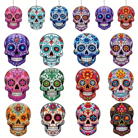 Imprimé Mexicain Jour des Morts Bois Tête de Mort Ornements Suspendus Colorés Sugar Skull Décorations Pour Halloween Fête Avec Corde