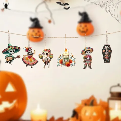 Decorazione Appesa in Legno Giorno Dei Morti Messicano Teschio Di Zucchero Colorato Stampa Mariachi Festival Festa Decorazione Parete