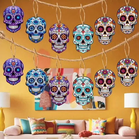 Imprimé Mexicain Jour des Morts Bois Tête de Mort Ornements Suspendus Colorés Sugar Skull Décorations Pour Halloween Fête Avec Corde