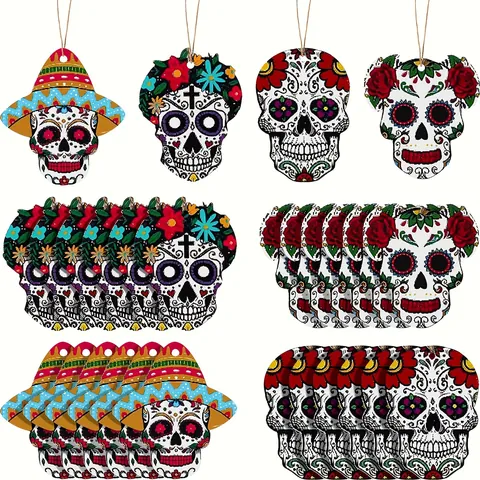 Adornos Colgantes De Madera Halloween Día De Los Muertos Calavera De Azúcar Sombrero Mexicano Colgante De Madera Decorativo Juego Para Hogar Fiesta Decoración De Otoño