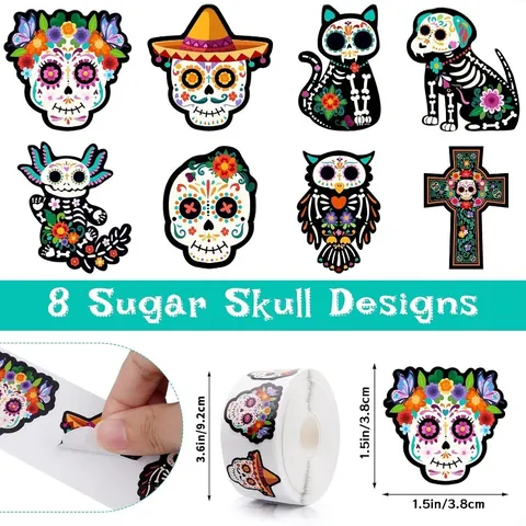 Autocollants Mexicains Jour Des Morts Crâne De Sucre Halloween Décoratifs Ronds Art Populaire Étiquettes De Scellage Scrapbook